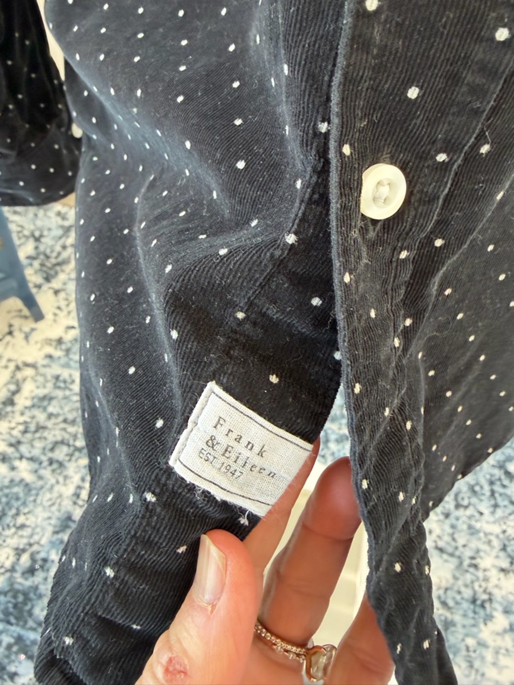 Frank & Eileen Frank Corduroy Button Up Black Polka Dot Shirt, Small - Picture 6 of 8